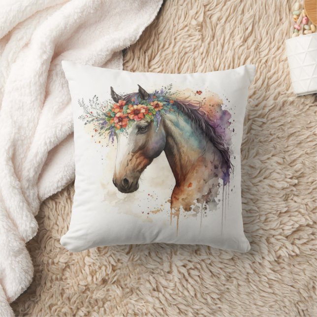 Pferdegesicht mit Blume Kranz Kissen (Decke)
