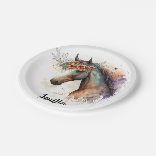 Pferdegesicht mit Blume Kranz Pappteller (Schrägansicht)