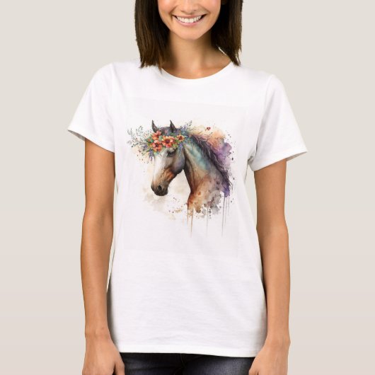 Pferdegesicht mit Blume Kranz T-Shirt (Vorderseite)