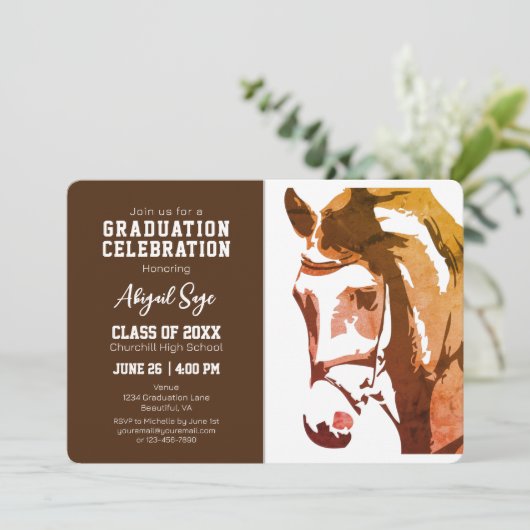 Pferdekizze Modernes Braun Weißes Foto Abschluss Einladung (Stehend Vorderseite)
