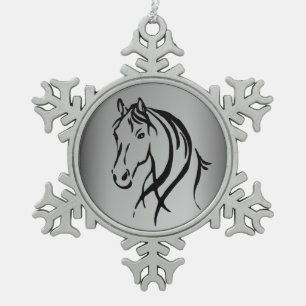 Pferdekopf auf Silber Schneeflocken Zinn-Ornament