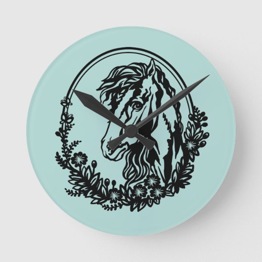 Pferdekopf mit Blume Runde Wanduhr (Vorderseite)