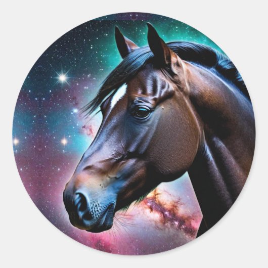 Pferdekopf mit Galaxy-Hintergrund Runder Aufkleber (Vorderseite)