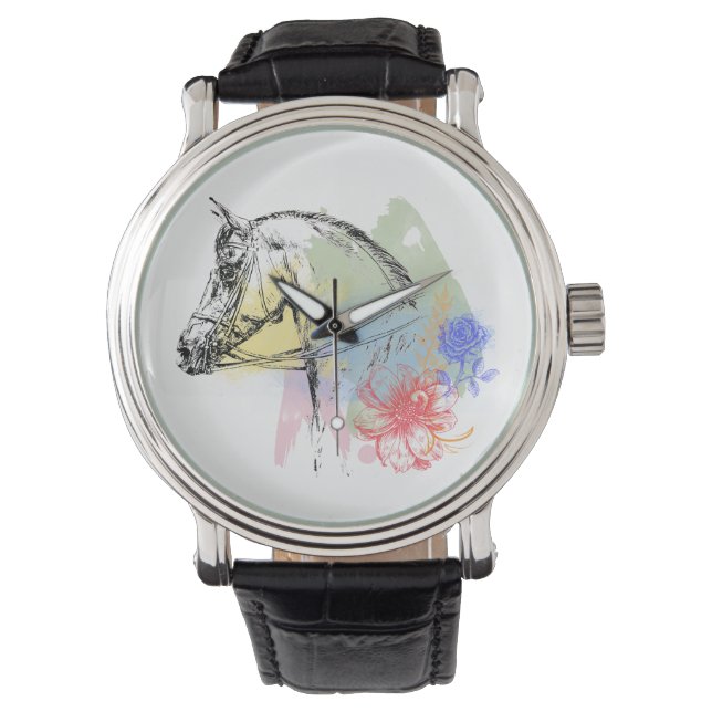 Pferdekopf Wasserfarben Armbanduhr (Vorderseite)