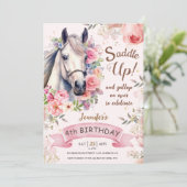 Pferdemädchen 4. Geburtstag Rosa Blume satteln Einladung (Stehend Vorderseite)