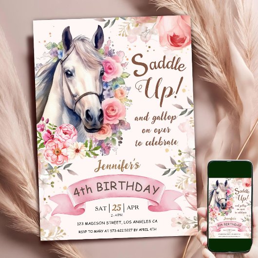 Pferdemädchen 4. Geburtstag Rosa Blume satteln Einladung