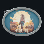Pferdemädchen Cowgirl Pferdeliebhaber Wüstenunterg Ovale Gürtelschnalle<br><div class="desc">Pferdemädchen entwerfen mit einem Pferdemädchen,  Cowgirl,  ihren Pferden in der Wüste im Sonnenuntergang.</div>