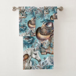 Pferdemädchen türkisfarbenes Muster Badhandtuch Set