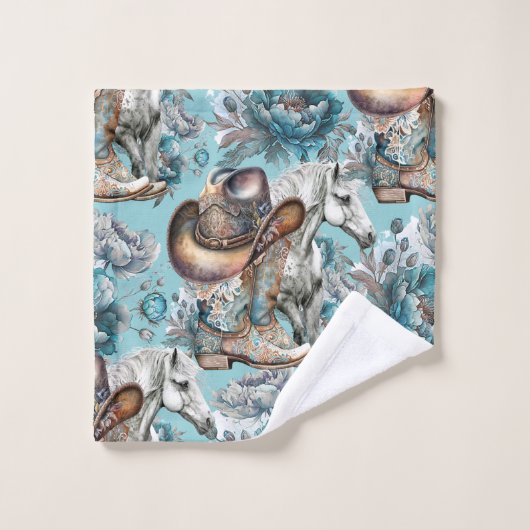 Pferdemädchen türkisfarbenes Muster Badhandtuch Set (Waschlappen)