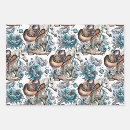 Pferdemädchen türkisfarbenes Muster Geschenkpapier Set (Vorderseite 3)