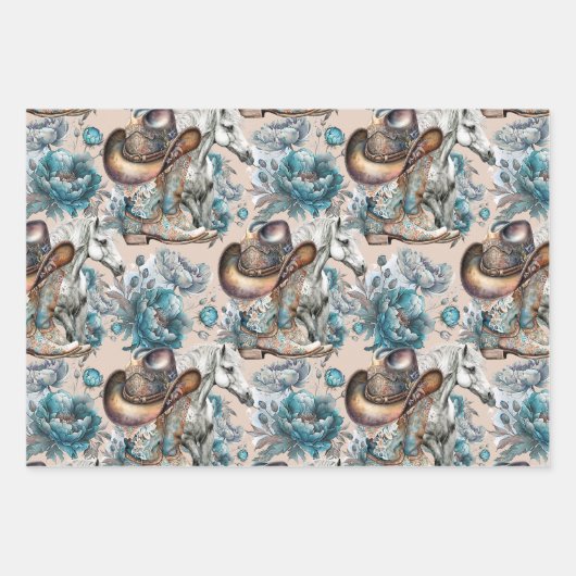 Pferdemädchen türkisfarbenes Muster Geschenkpapier Set (Vorderseite 2)