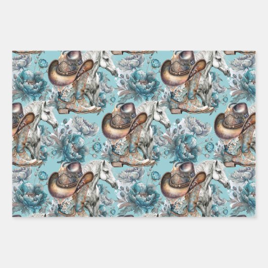 Pferdemädchen türkisfarbenes Muster Geschenkpapier Set (Vorderseite)