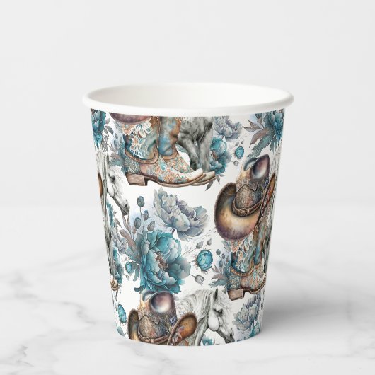 Pferdemädchen türkisfarbenes Muster Pappbecher (Rückseite)