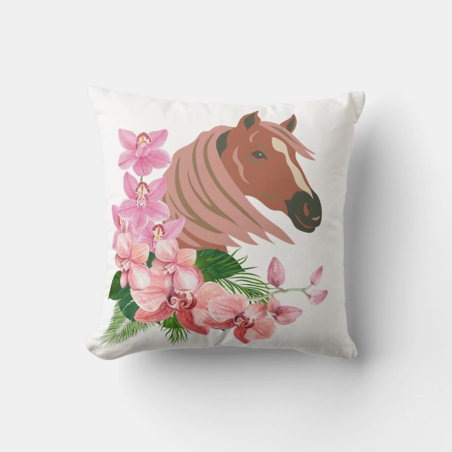 Pferdeportrait mit orchitischen Blüten Kissen (Vorderseite)
