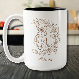 Pferdeporträt-Linienkunst mit floralem Kranz Zweifarbige Tasse