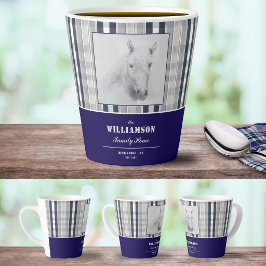 Pferdeporträt Navy Blau Karo personalisierter Name Milchtasse