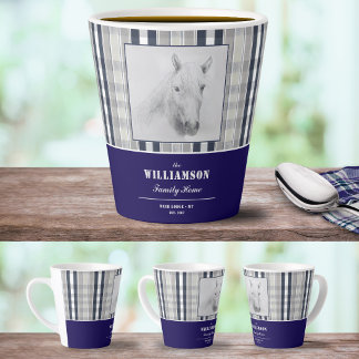 Pferdeporträt Navy Blau Karo personalisierter Name Milchtasse