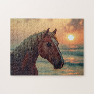 Pferdeprofil Sonnenuntergang am Strand Puzzle