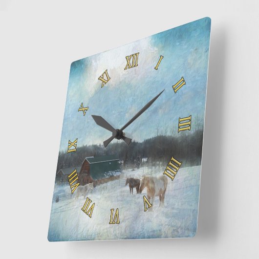Pferderasse, Scheunen und Schneebemalung Quadratische Wanduhr (Winkel)
