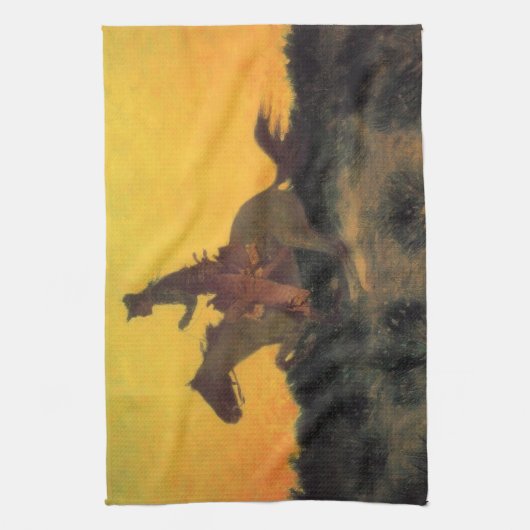 Pferdereiten gegen den Sonnenuntergang im Wilden W Geschirrtuch (Vertikal)