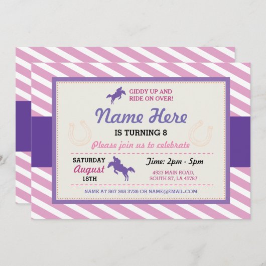 Pferdereitrosa-lila Streifen-Pony-Einladung Einladung (Vorne/Hinten)