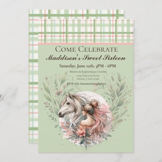 Pferderennbahn 16 . Geburtstag Einladung (Vorne/Hinten)