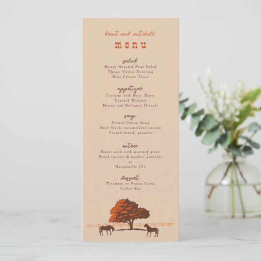Pferderennbahn-Zaun Eichenpferde Hochzeitsmenü Menükarte (Stehend Vorderseite)