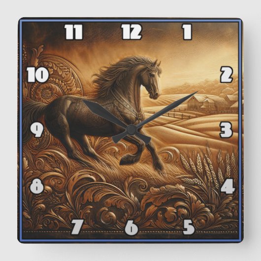 Pferderennen in einer rustikalen Landschaft in der Quadratische Wanduhr (Vorderseite)