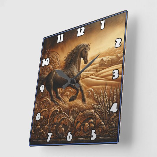 Pferderennen in einer rustikalen Landschaft in der Quadratische Wanduhr (Winkel)