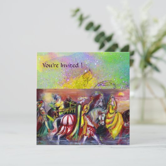 PFERDERIDER NACHTS, lila, grüne Glitzern Einladung (Stehend Vorderseite)