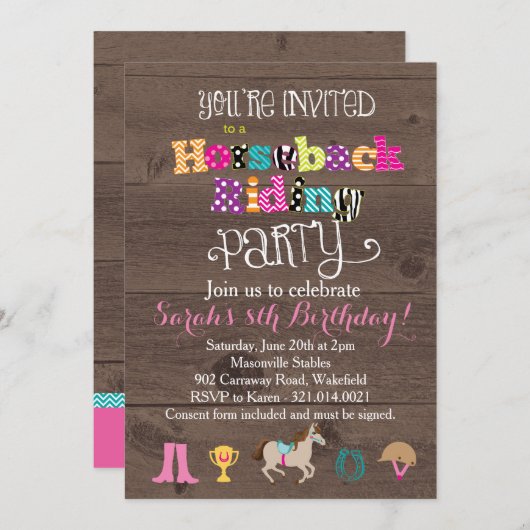 Pferderuecken-Reitgeburtstags-Party Einladung (Vorne/Hinten)