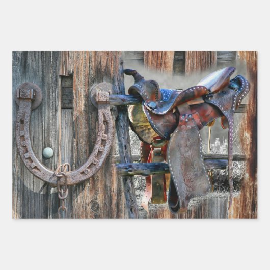 Pferdesadler Horseshoe Rustikaler Western Geschenkpapier Set (Vorderseite 2)