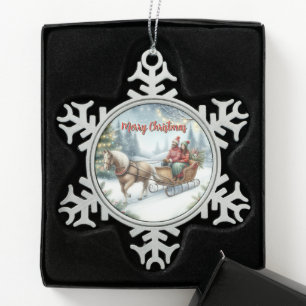 Pferdeschlittenfahrt Weihnachtsszene Schneeflocken Zinn-Ornament