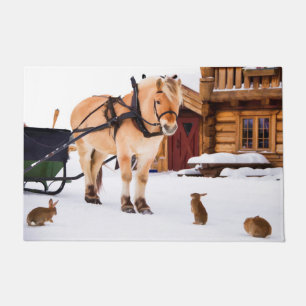Pferdeschlittenkaninchen Schnee auf dem Bauernhof Fußmatte
