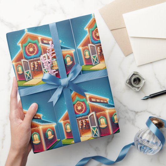 Pferdestall zu Weihnachten dekoriert und Pferde Geschenkpapier (Schenken)