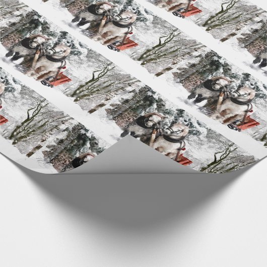 Pferdeteam-Pferdeschlitten-Fahrt durch Snowy-Holz Geschenkpapier (Ecke)