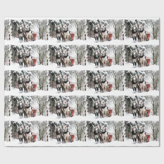 Pferdeteam-Pferdeschlitten-Fahrt durch Snowy-Holz Geschenkpapier (Flach)