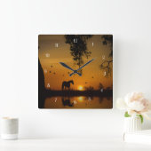 Pferdeteich Sunset and Birds Country Quadratische Wanduhr (Zuhause)