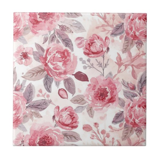 Pfingstrose Rosen-Wasserfarben-Blumengarten Fliese (Vorderseite)