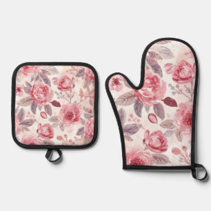Pfingstrose Rosen-Wasserfarben-Blumengarten Ofenhandschuh & Topflappen-Set