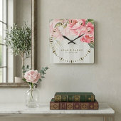 Pfingstrose Sagegrüne Hochzeitsuhr | Florales Gesc Quadratische Wanduhr