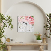 Pfingstrose Sagegrüne Hochzeitsuhr | Florales Gesc Quadratische Wanduhr