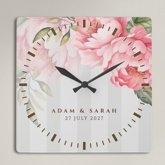 Pfingstrose Sagegrüne Hochzeitsuhr | Florales Gesc Quadratische Wanduhr