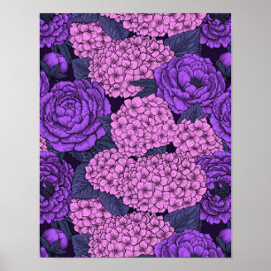 Pfingstrose und Hortensie in Rosa und Violett Poster