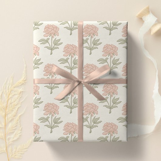 Pfingstrosen-Blumen-Blockdruck Vintage Cottage Sof Geschenkpapier