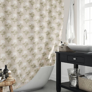 Pfingstrosen-Blumen-Blockdruck Vintage Pilz Beige Duschvorhang
