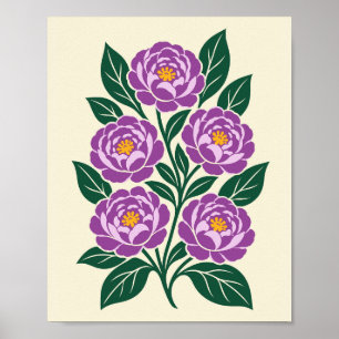 Pfingstrosen-Blumen-Botanische-Illustration Poster