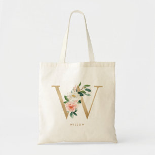 Pfingstrosen-Blumen-Brief W Gold-Monogramm Brautju Tragetasche