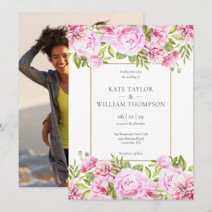 Pfingstrosen-Blumen-Gold-Geometrie-Foto-Hochzeit Einladung
