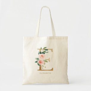 Pfingstrosen-Blumen-Initiale E Gold-Monogramm-Brau Tragetasche